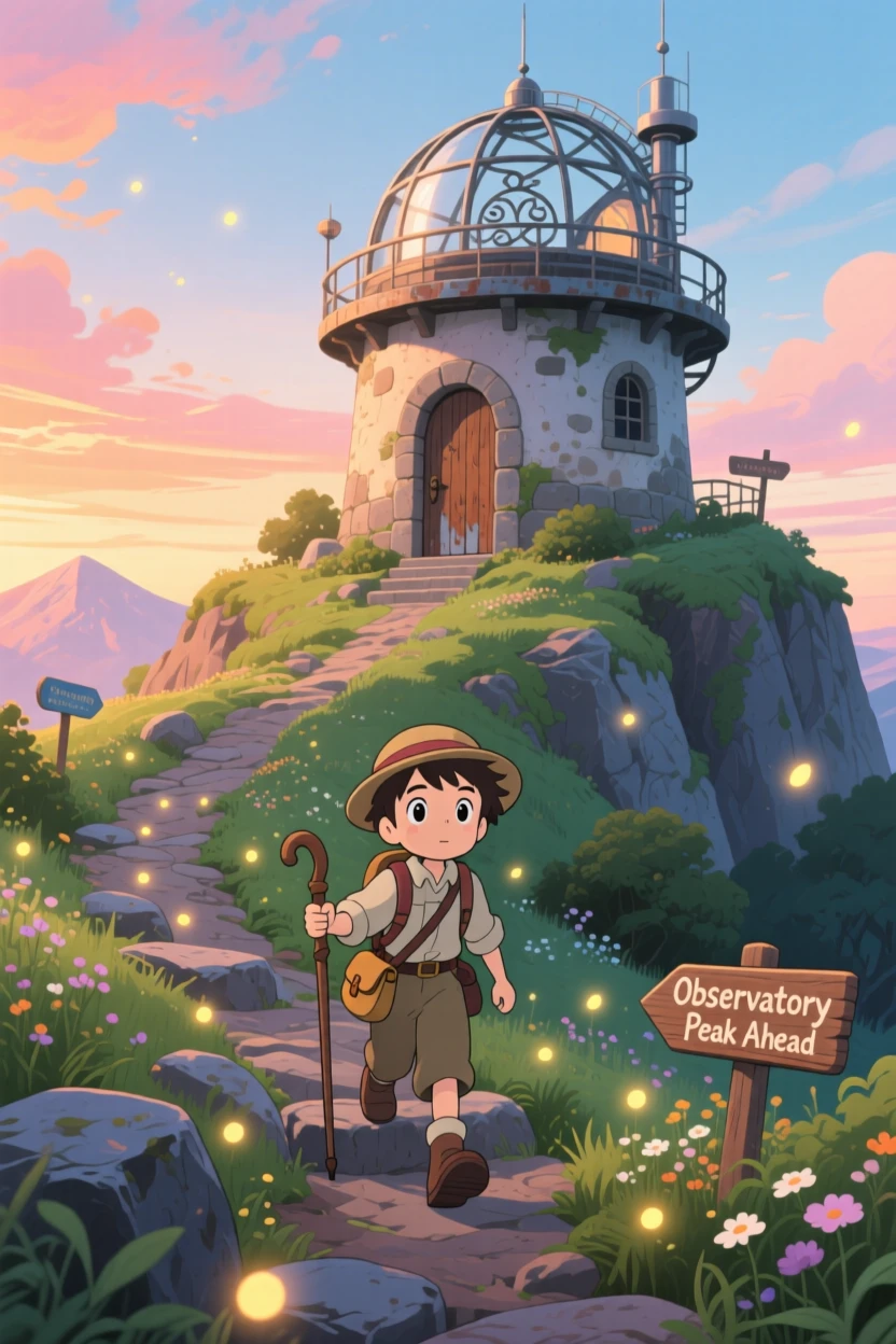 An explorer climbing toward a mountaintop observatory, the moment charged with curiosity.