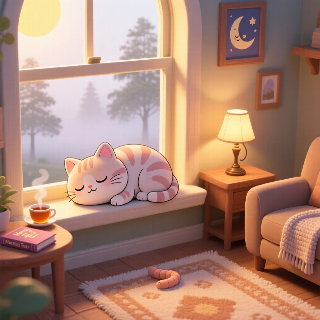 Worm's-eye view: a sleepy cat, curled up in a sunbeam on a windowsill, set against a quiet cozy living room on a misty foggy morning, with warm lamplight and a mood of wide-eyed wonder.