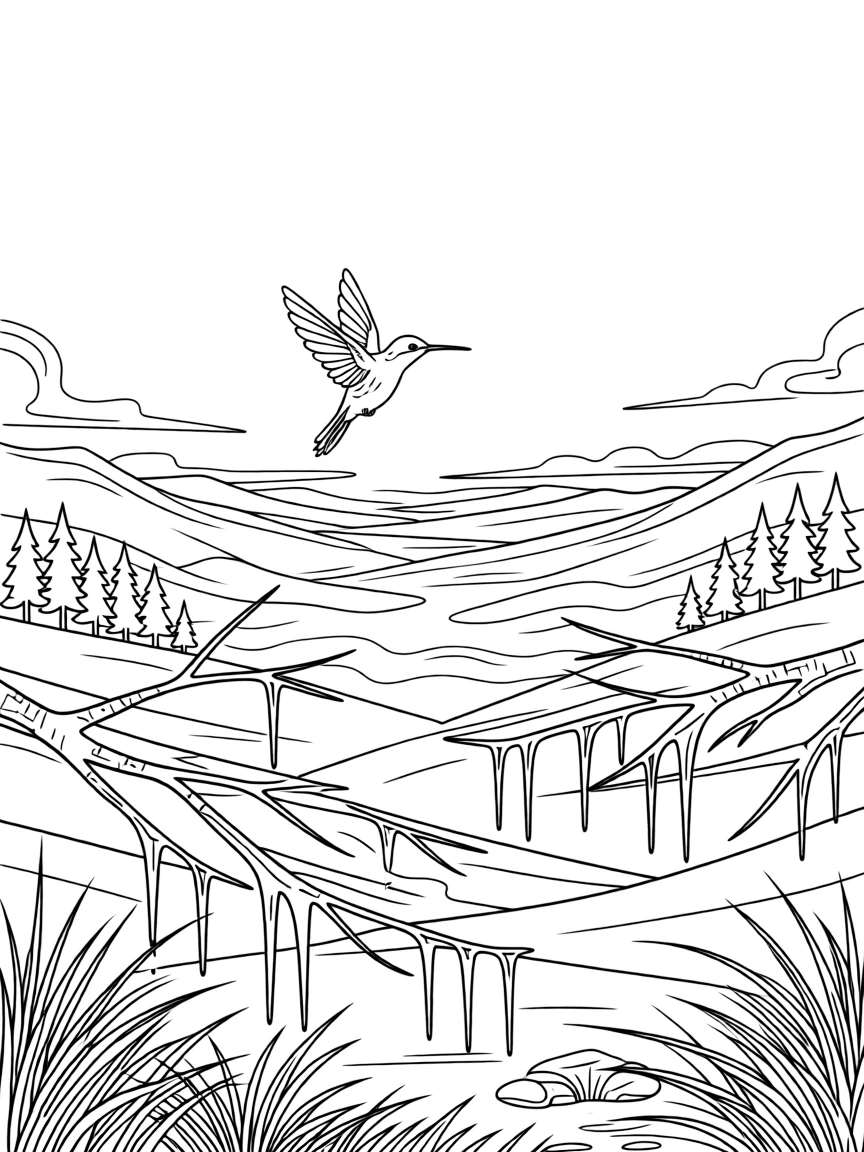 A hummingbird circling high above a misty valley, with icicles hanging from nearby branches.