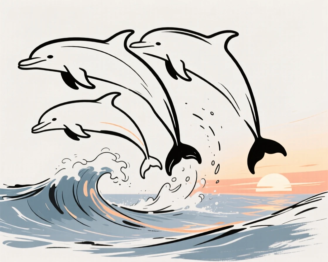 A pod of dolphins leaping gracefully through ocean waves at sunset.