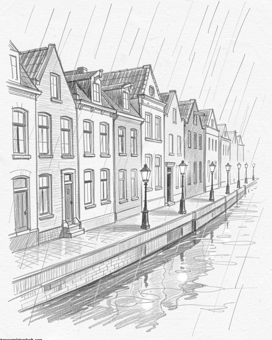 A stunning view of a colorful row of canal houses during a quiet rain shower, with lanterns glowing along the pathway.