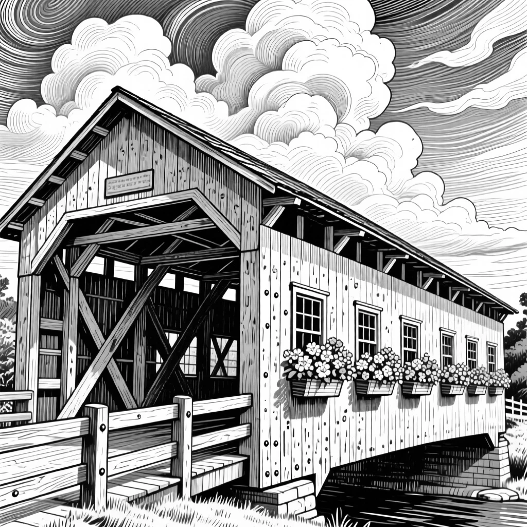 A new england covered bridge under a dramatic sky, featuring flower boxes lining every window, rendered in a cozy and inviting architectural composition.