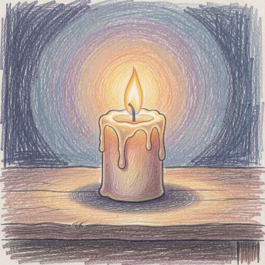 A single candle glowing softly in a dark, peaceful room, with gentle, harmonious colors throughout the scene, perfect for a calming, meditative atmosphere.