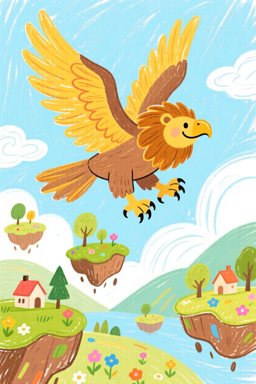 A griffin soaring above a valley of floating islands.