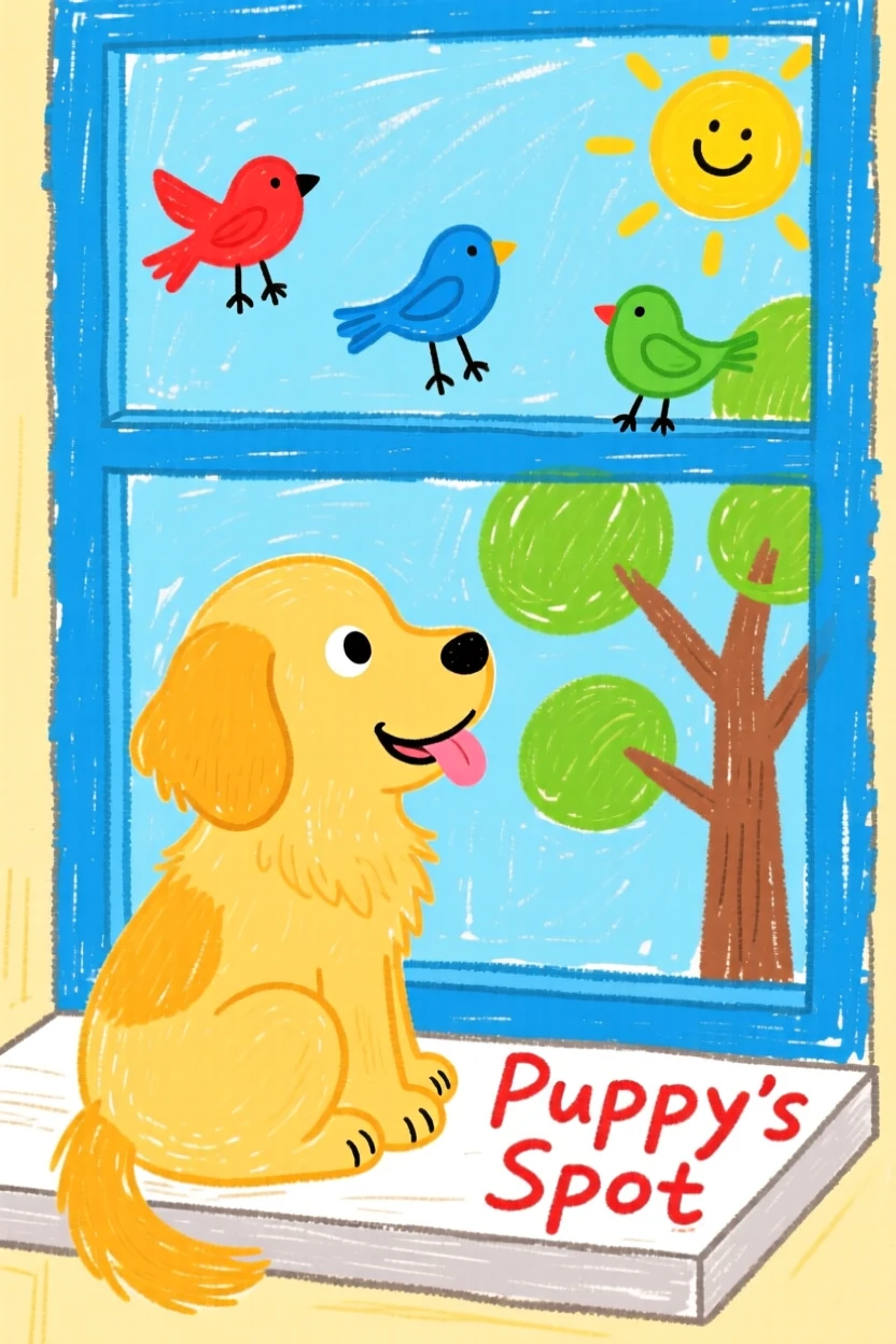 A golden retriever puppy watching birds from a windowsill.