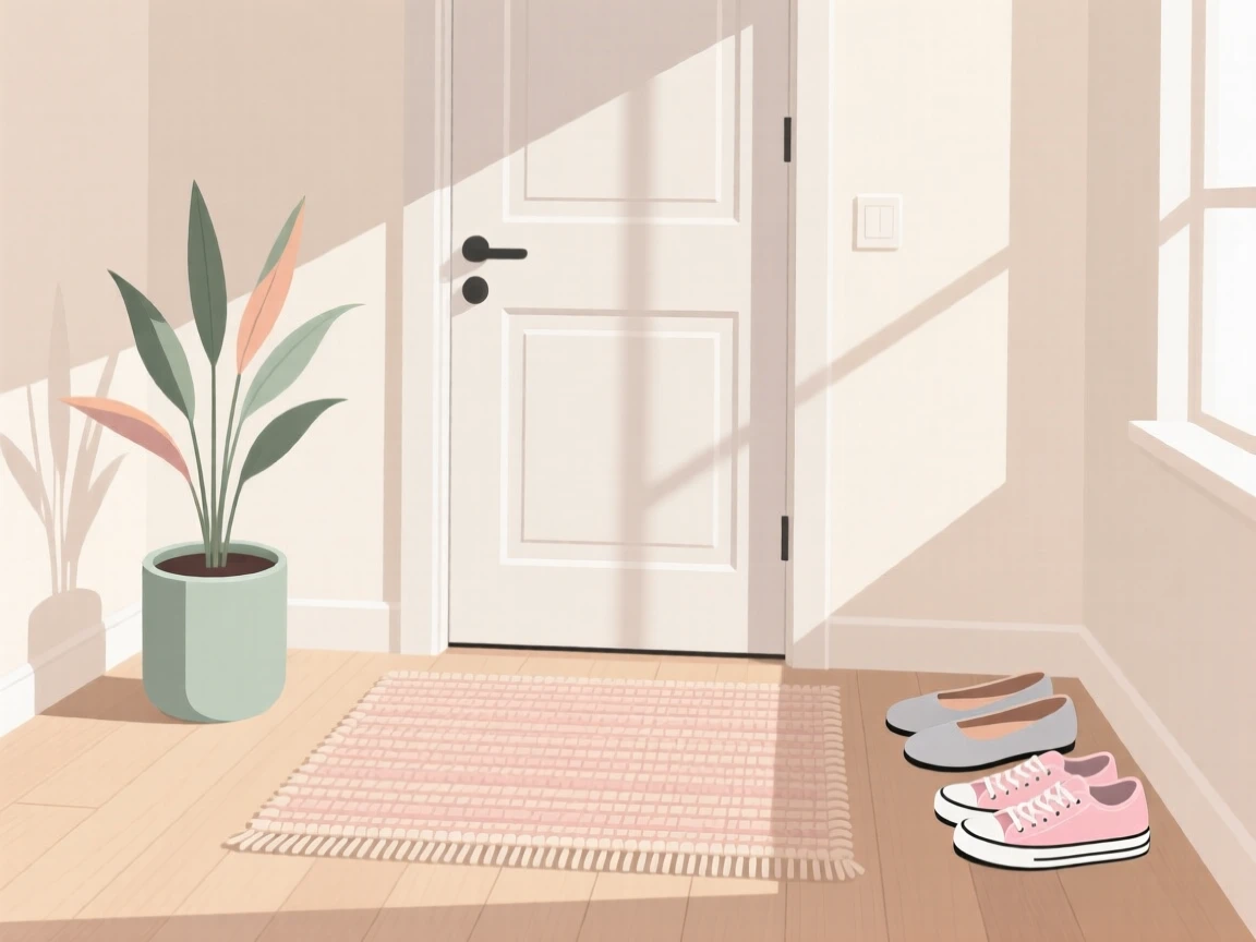 A minimalist entryway with shoes, a plant, and a woven rug, set in a bright, sunlit room with soft natural light, arranged with layered textures creating visual interest, with gentle pastel tones evoking calm and comfort.