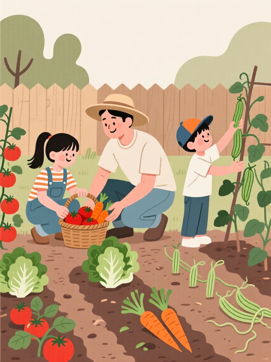 A family harvesting vegetables together from their backyard garden.