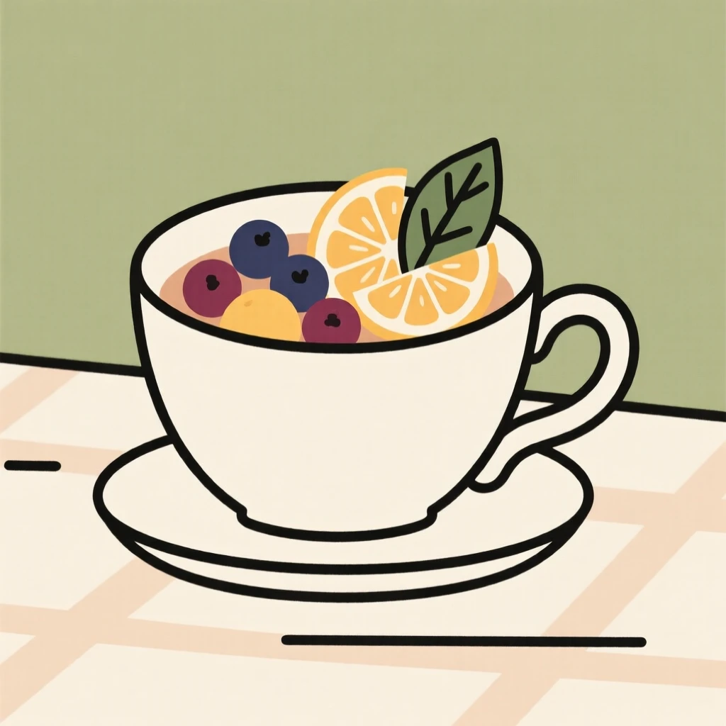 A freshly prepared bowl of fresh fruit salad served on a vintage teacup, set in an outdoor picnic setting, inviting warm comfort.