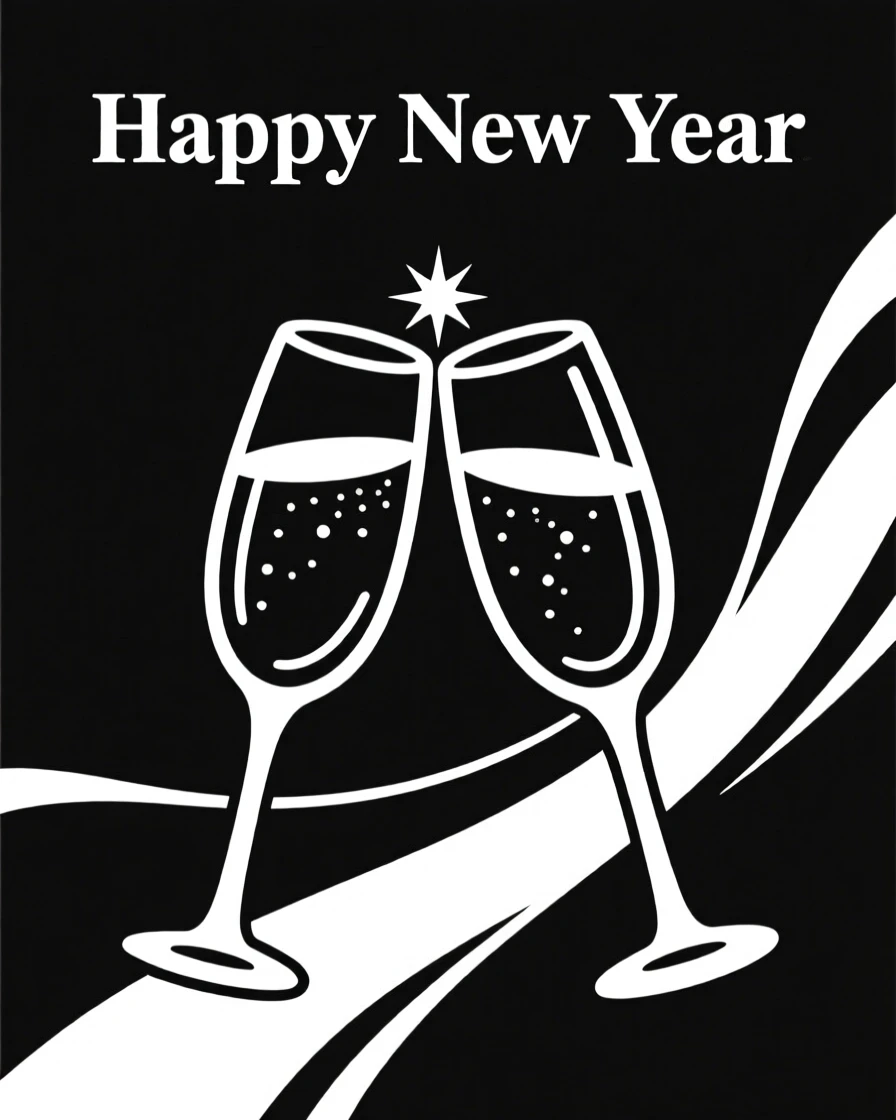 A New Year's toast with sparkling glasses raised.