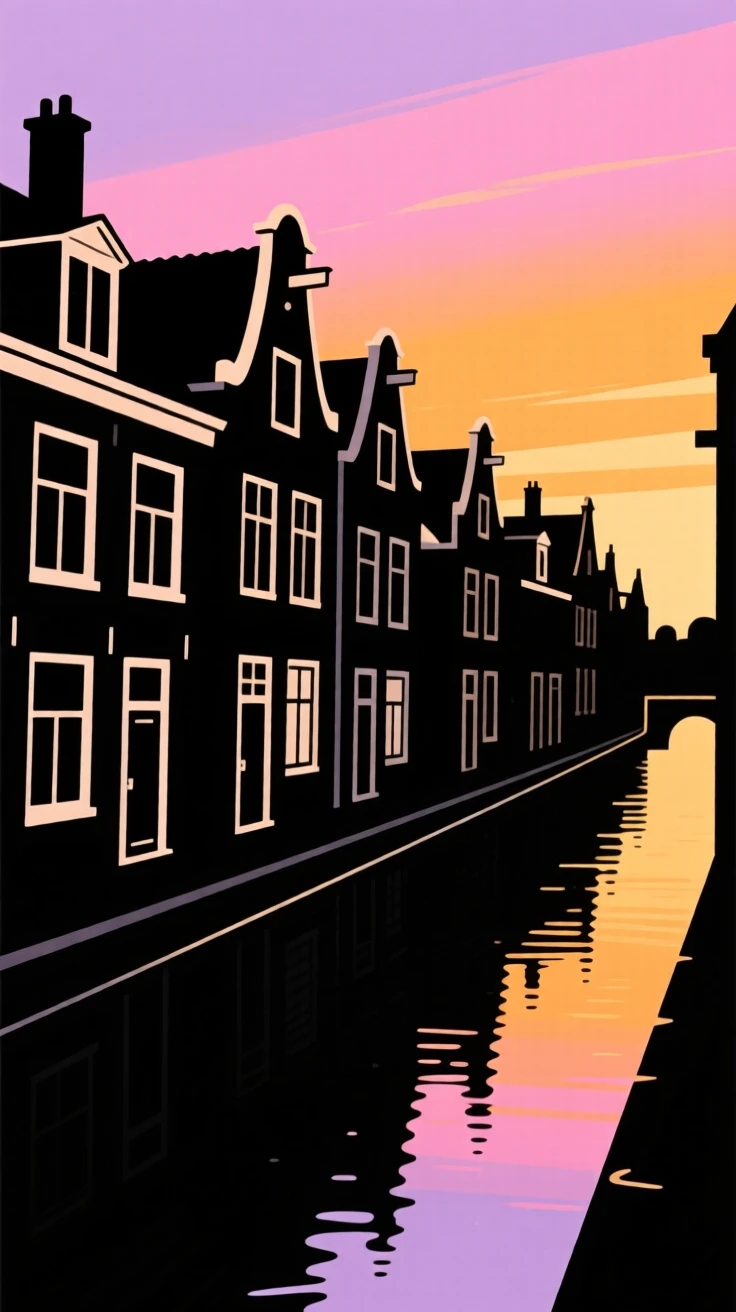 A row of colorful houses lining a narrow European canal.