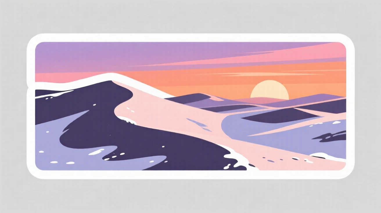 A peaceful windswept sand dunes at sunset, dusted with a light layer of fresh snow, where the air feels crisp and fresh.