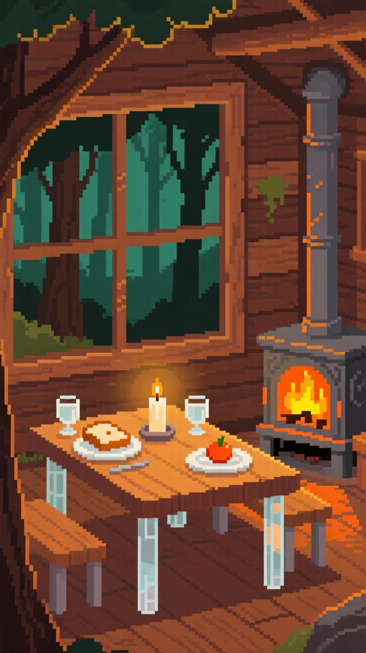 A candlelit dinner table warmed by a small wood stove nearby, in a treehouse overlooking a quiet forest.