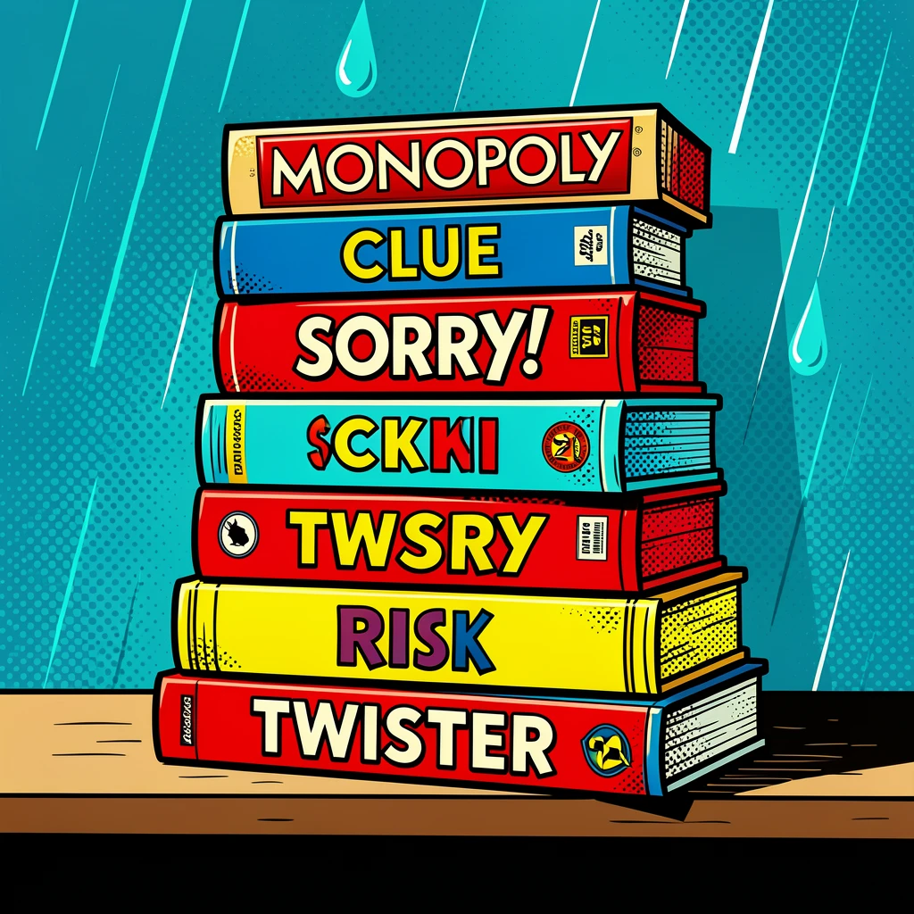 A stack of vintage board games piled on a rainy afternoon shelf