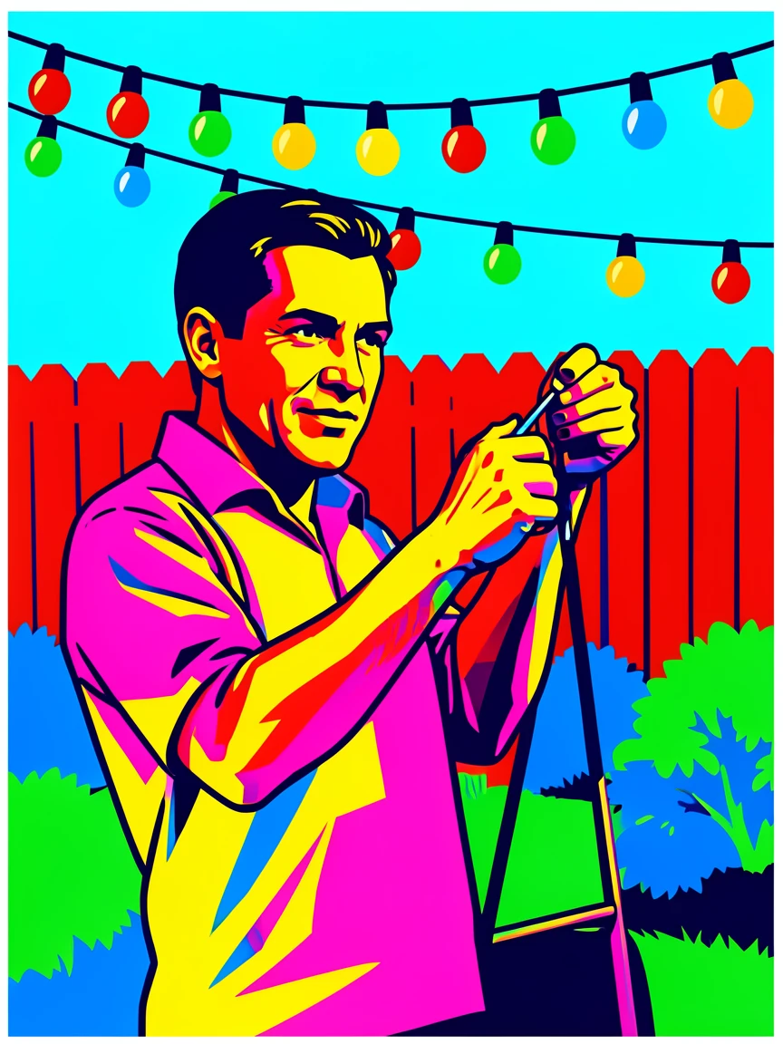 Man fixing string lights for a backyard party