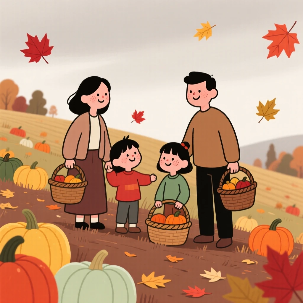 A family gathers baskets of squash in a hillside farm as red and gold leaves drift down around them under a overcast gray sky.