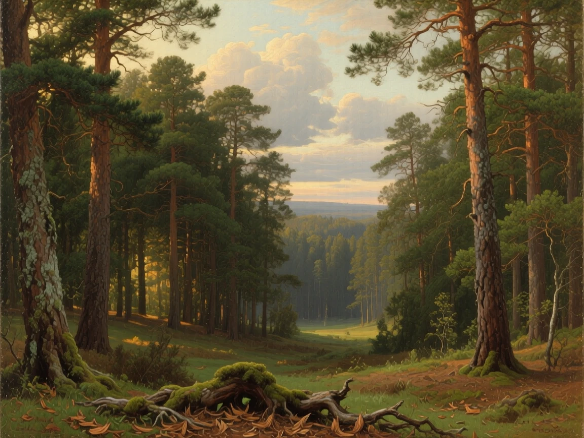 An expansive vista of a dense pine forest with shafts of light breaking through the canopy, beneath drifting clouds, in antiquity.