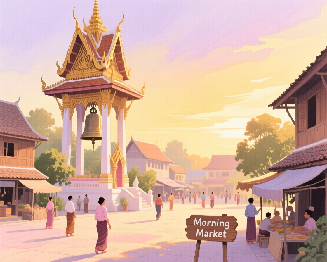 A picturesque view of a temple town in Southeast Asia with a bell tower overlooking the town square, at golden hour