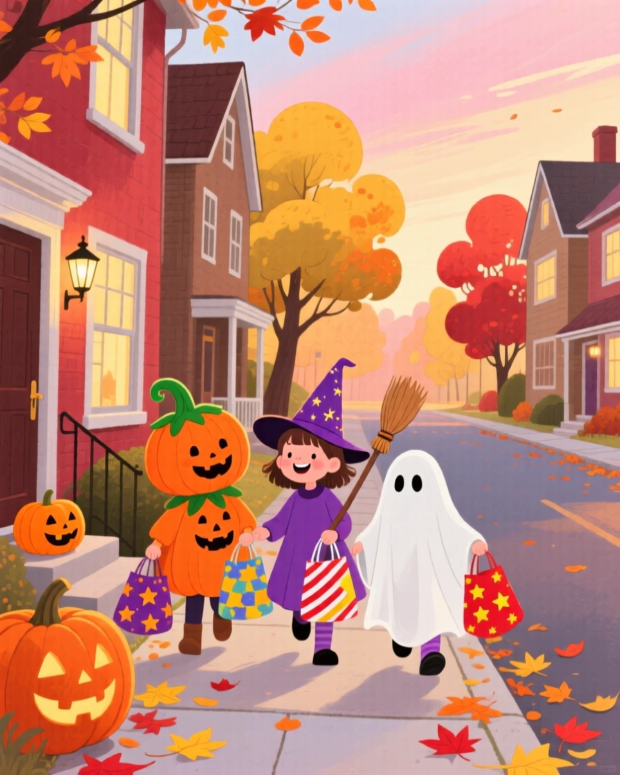 A heartwarming holiday moment: children in costumes trick-or-treating along a autumn street.