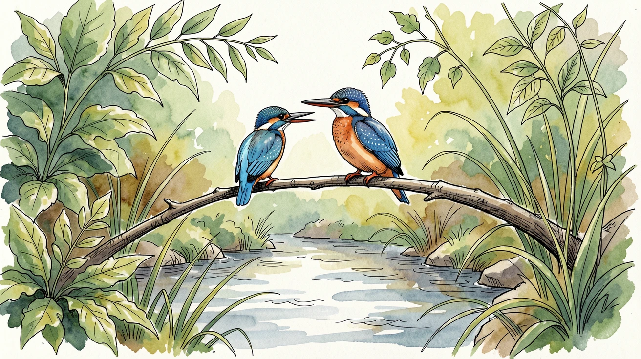 A pair of kingfishers perched above a slow-moving stream, the scene framed by lush greenery on every side.