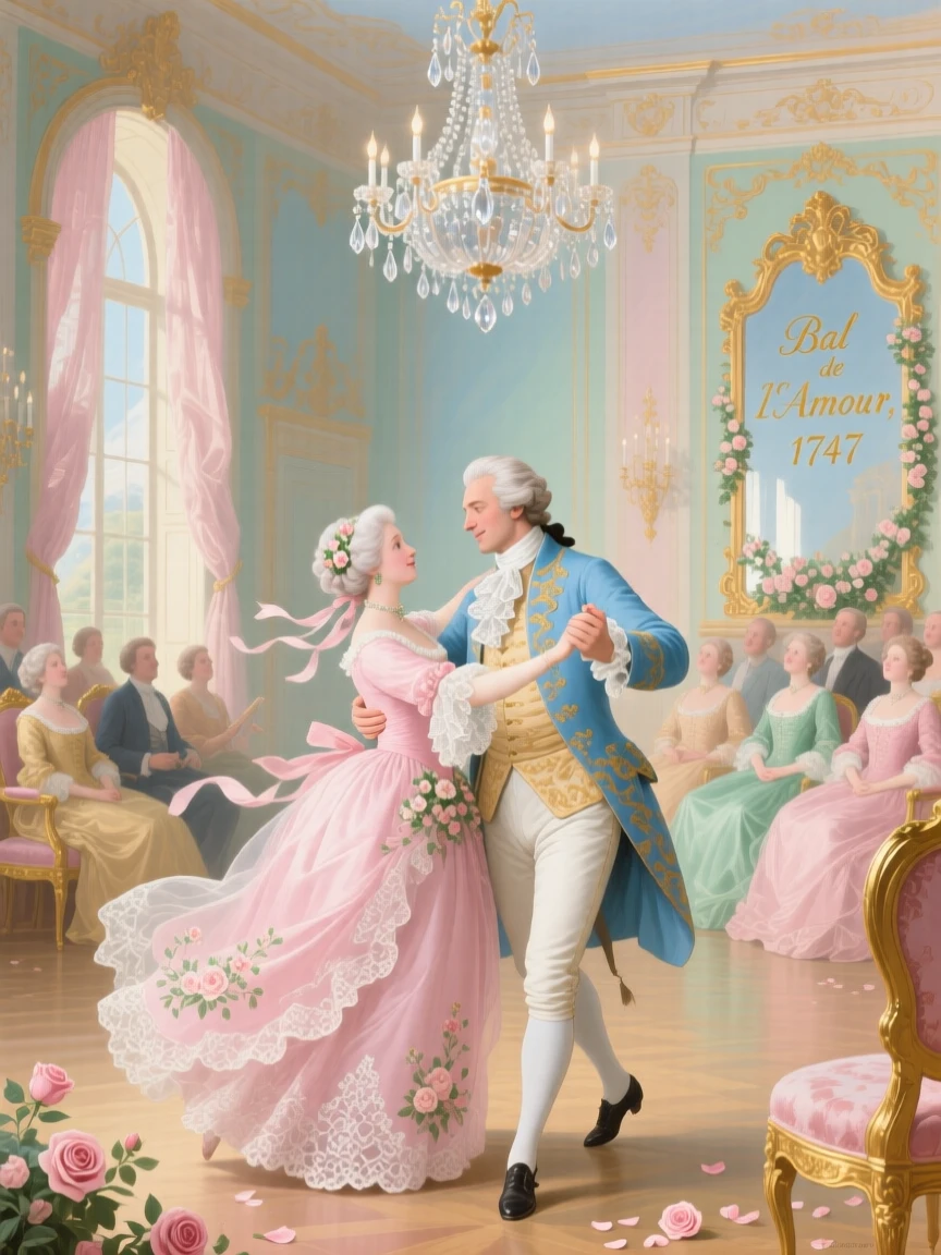 A couple dancing beneath a chandelier while the ballroom watches  