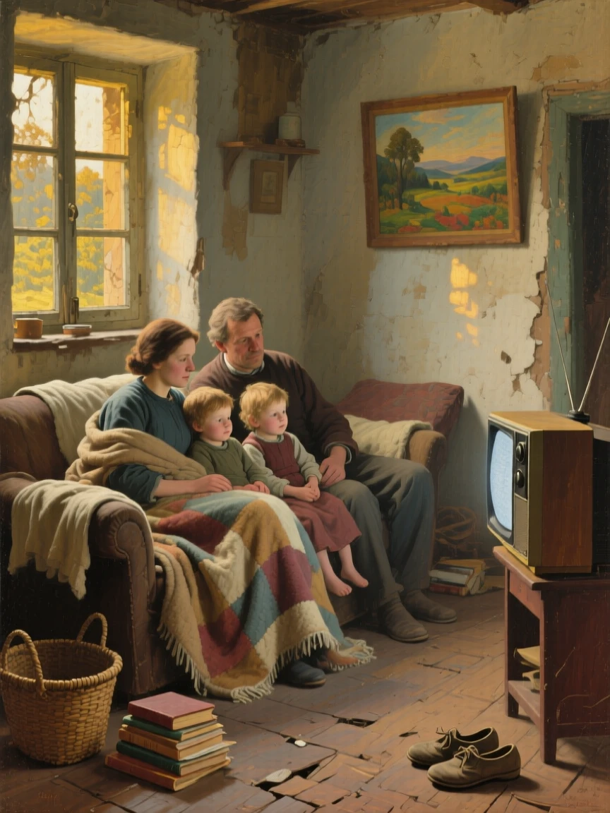 A family watching a movie together, piled onto the couch under blankets, as the golden light of late afternoon fills the space, offering a heartwarming glimpse into ordinary, meaningful moments