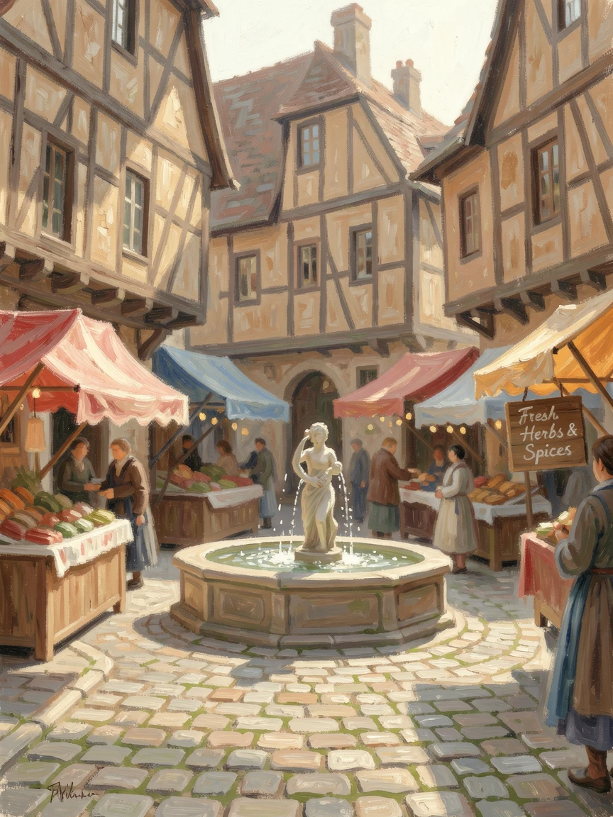 A cobblestone medieval town square with market stalls, a stone fountain, and timbered buildings.