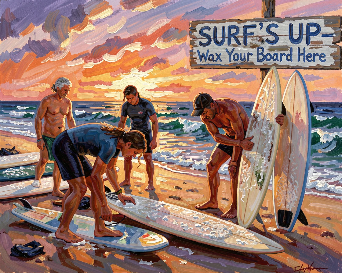 A group of surfers waxing their boards on the beach as dawn breaks over the waves.