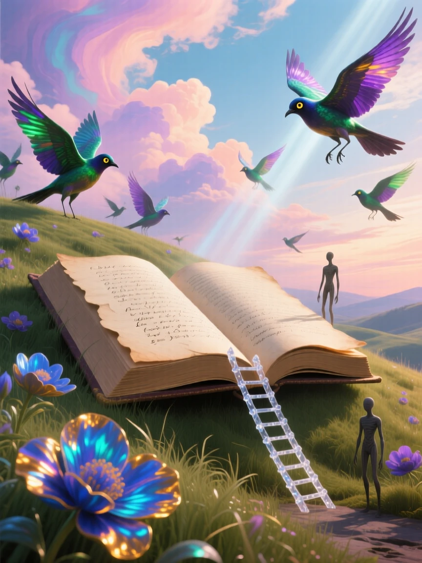 A massive book lying open on a hillside, its pages rustling like grass sits abandoned beneath a sky streaked with soft pastel clouds, as birds circle curiously around its towering form.