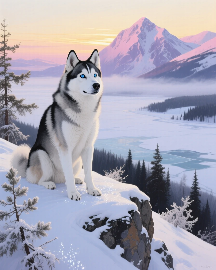 A husky sits proudly atop a snowy ridge overlooking a frozen valley, its piercing blue eyes scanning the horizon at first light, the surrounding habitat rendered in enough detail to suggest a specific time and place.