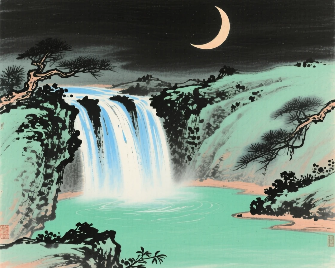A cascading waterfall plunging into a deep emerald pool, beneath a crescent moon.