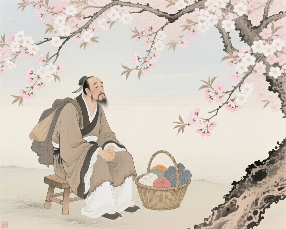 A traveling merchant resting after a long day's journey beneath a canopy of cherry blossoms