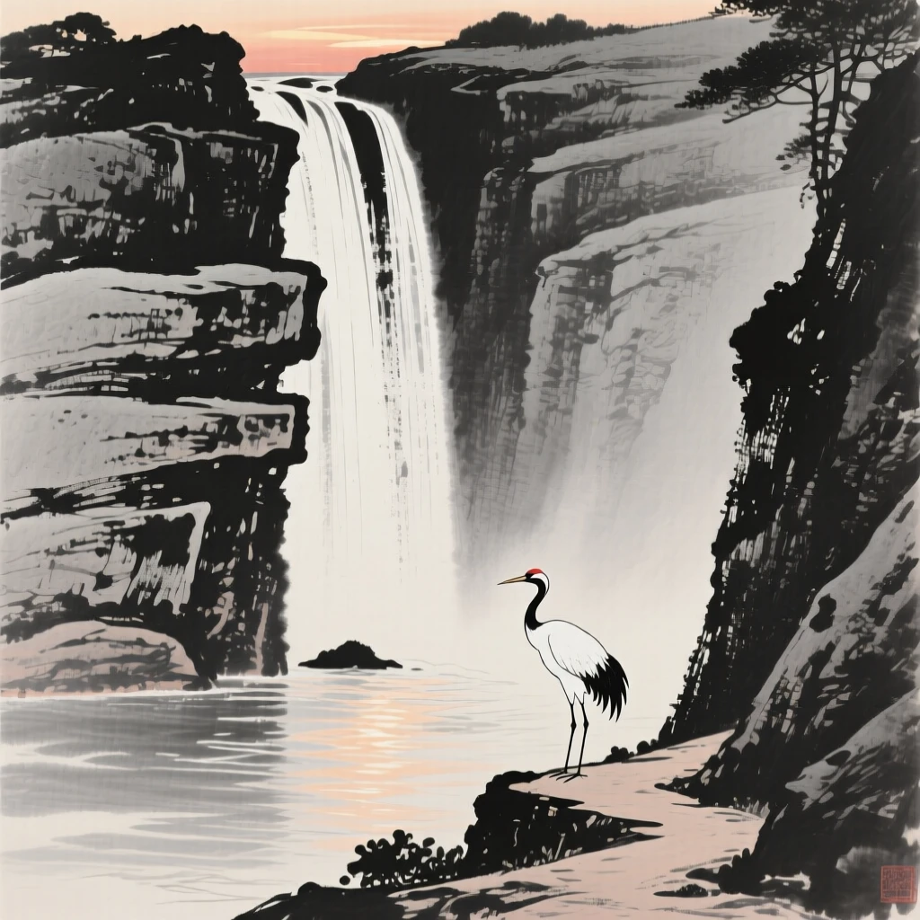A tall waterfall cascading down layered granite rock with the last light of dusk catching the water's surface, captured from a narrow path winding into the depth of the scene, with a single crane standing motionless at the water's edge, capturing a fleeting, serene moment suspended in time.