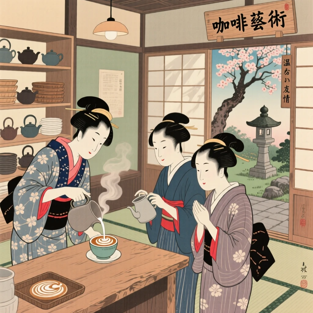 A group of students pouring latte art in a cozy corner shop.