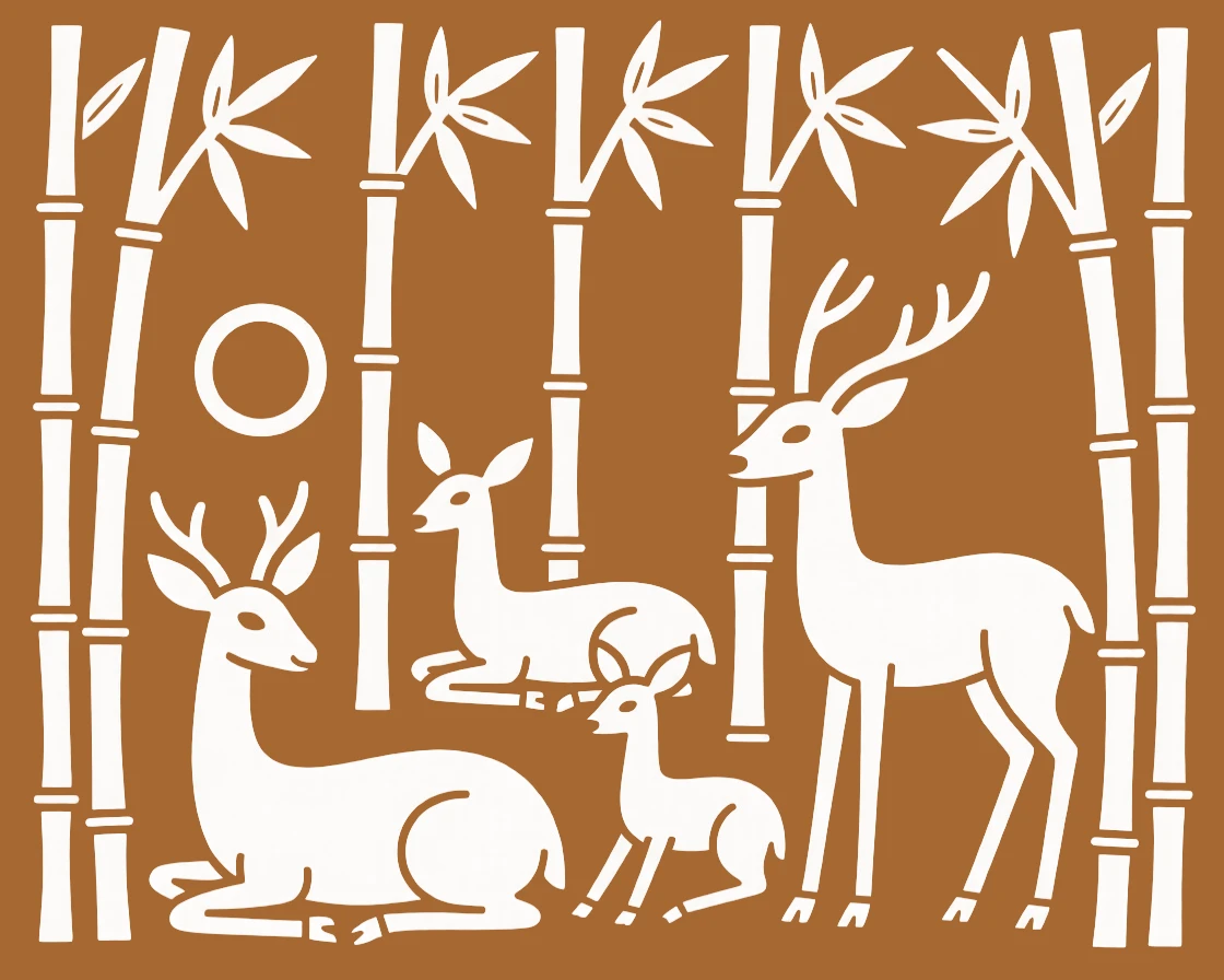 A family of deer resting in a bamboo thicket.