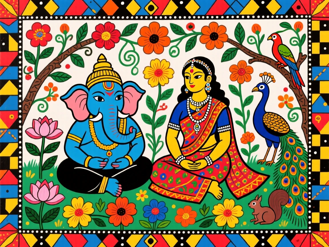 Ganesha seated beside his mother Parvati in a flower-filled garden.