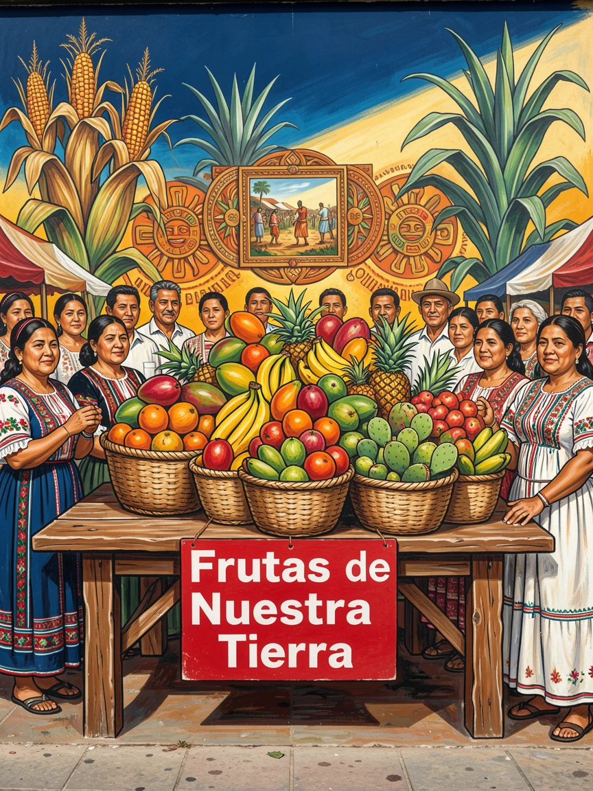 A wooden table piled high with fresh tropical fruit