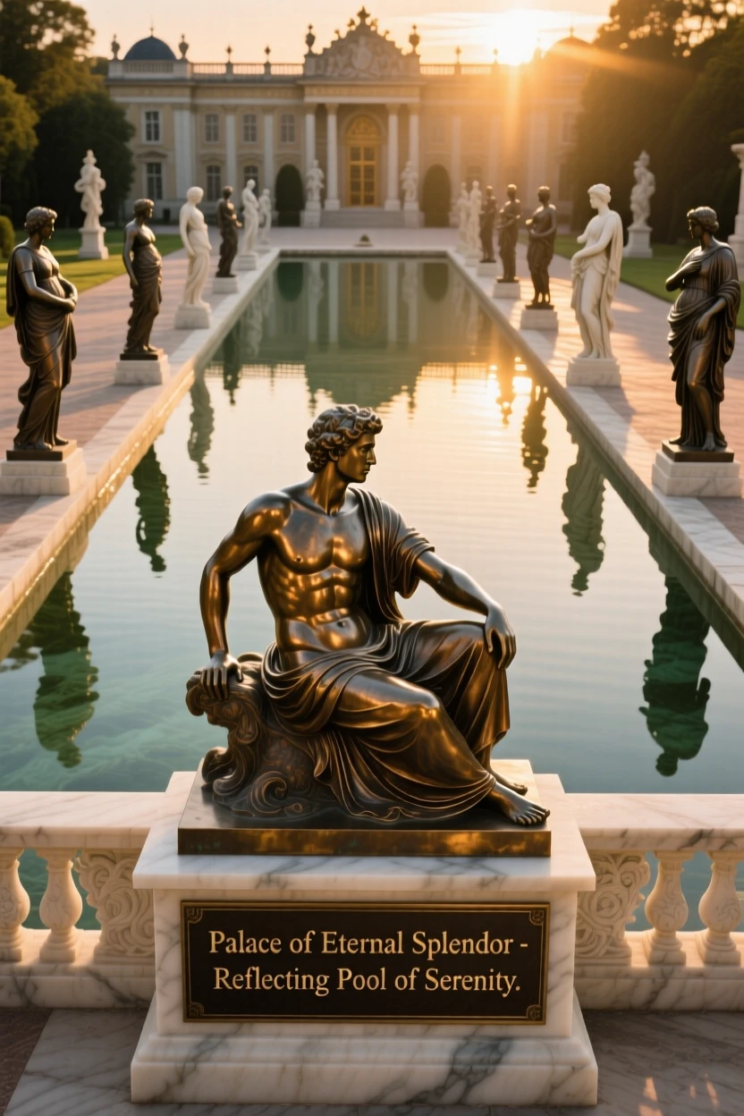 A grand palace reflecting pool lined with marble statues, bathed in warm, golden light, exuding timeless grandeur