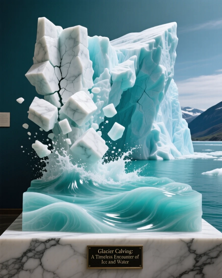 A sweeping, cinematic composition of a glacier calving into turquoise water, capturing the raw beauty of the natural world