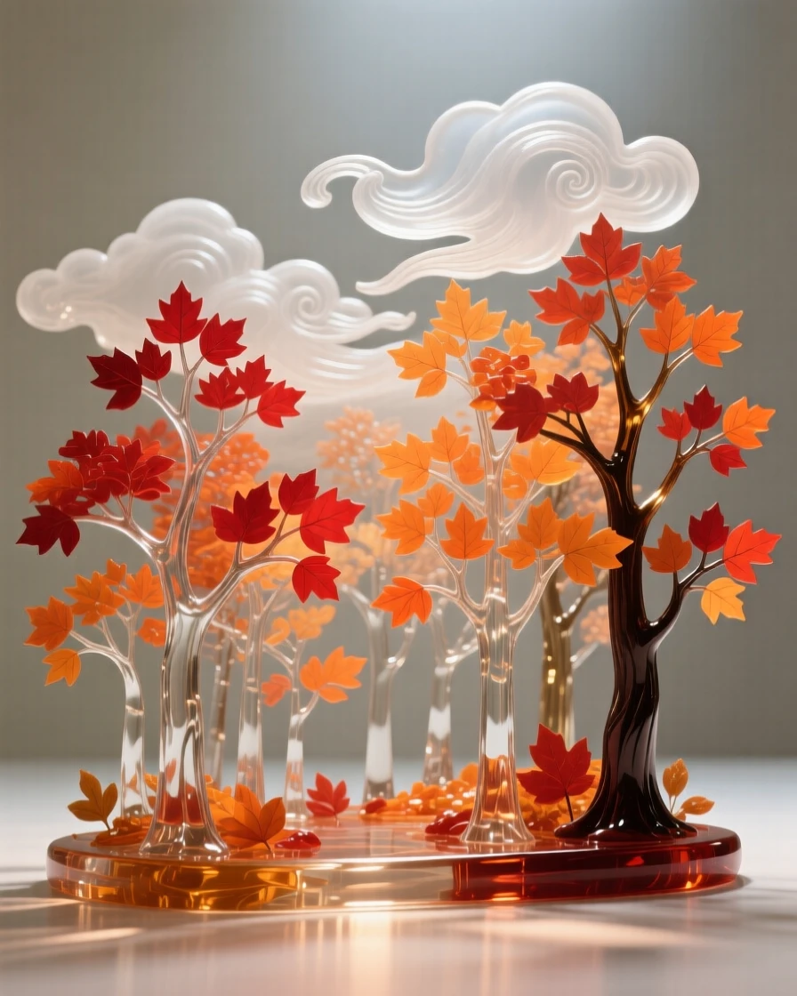An autumn forest ablaze with red and orange leaves under a dramatic sky with shifting clouds, wide panoramic composition, feeling expansive and awe-inspiring.