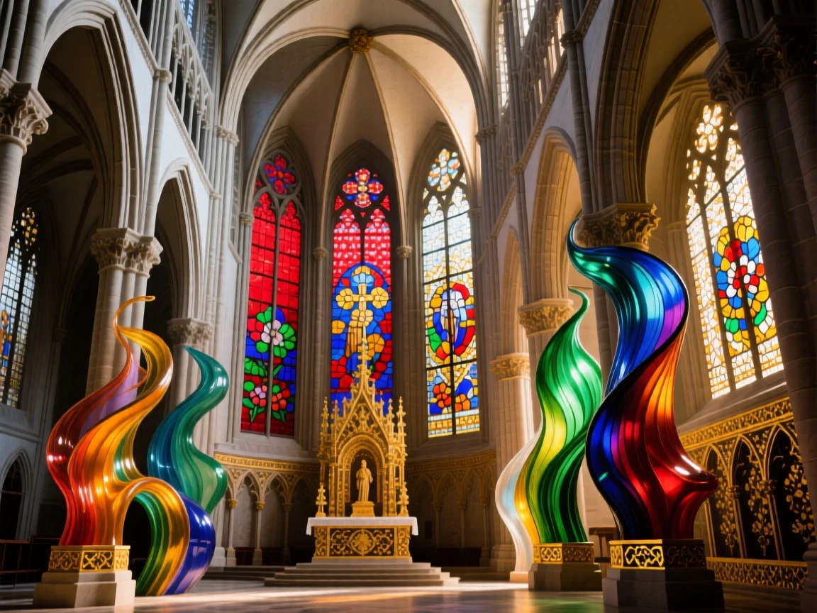A grand cathedral interior with soaring stained-glass windows casting colorful light, awe-inspiring and sacred.