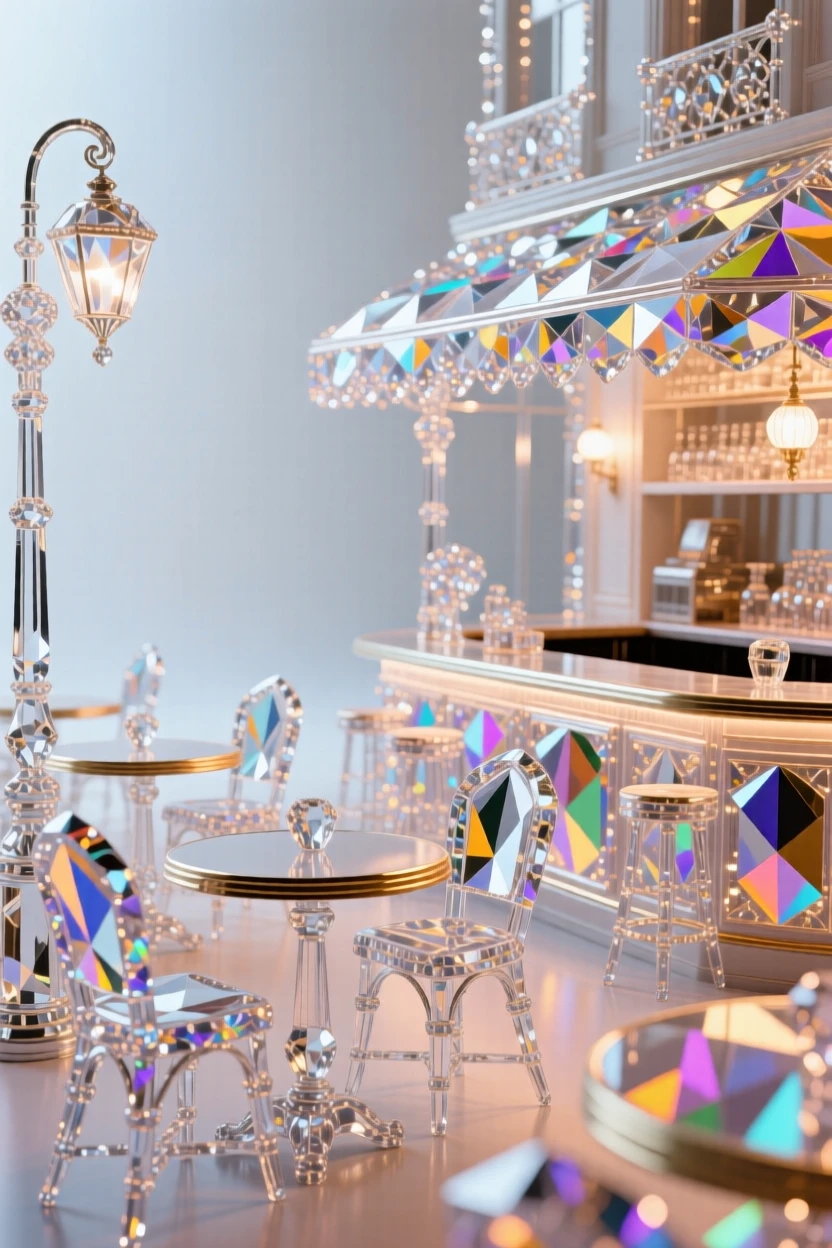 An elegant Parisian café interior with vintage furniture and warm ambient lighting.
