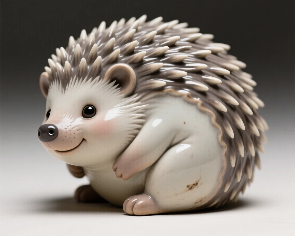 A plump baby hedgehog rolled into a tiny ball caught mid-wobble in a first clumsy step, its tiny features rendered with heartwarming charm, capturing a moment of pure childlike delight.
