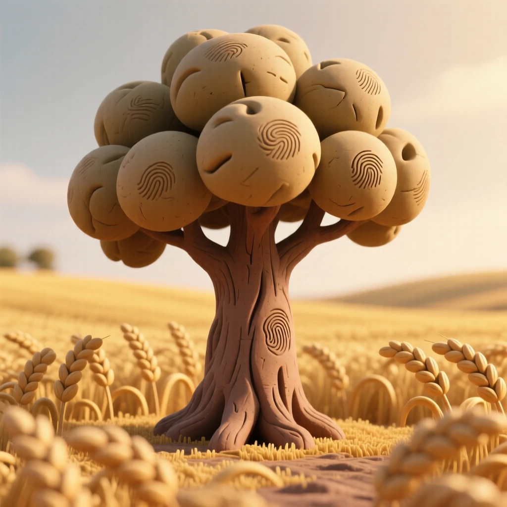 A single ancient oak tree standing alone in a golden wheat field