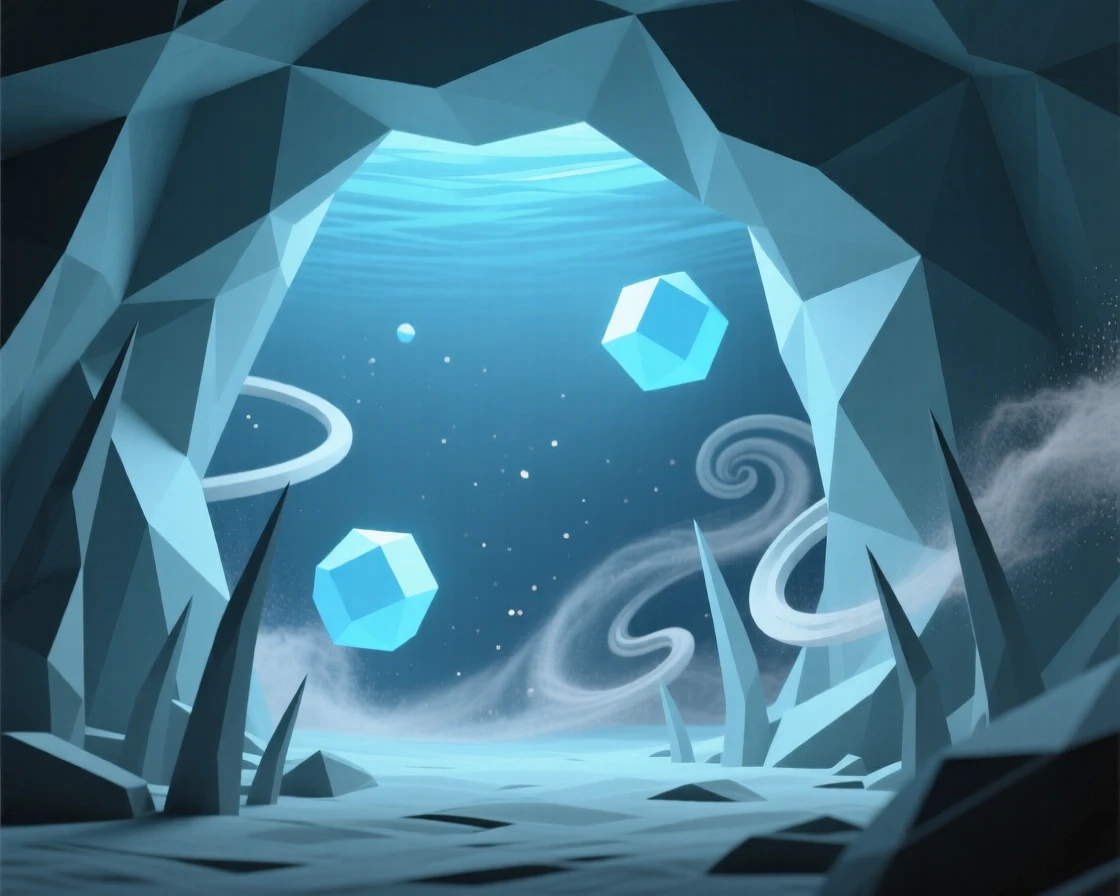 An underwater cave glowing with soft blue light, surrounded by swirling cosmic dust. the scale of the scene emphasizes its vastness and wonder. The scene radiates a calm, meditative stillness.