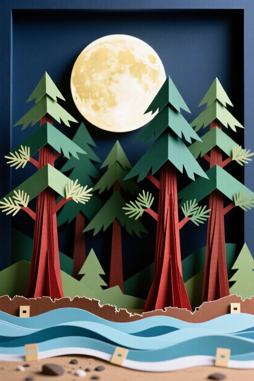 A grove of towering redwood trees under a glowing full moon, with gentle waves lapping against the shoreline, evoking serene, meditative contemplation.
