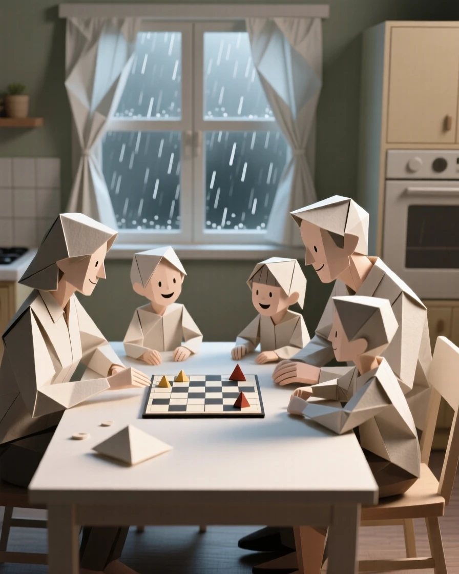 A family playing a board game together at the kitchen table on a rainy afternoon.