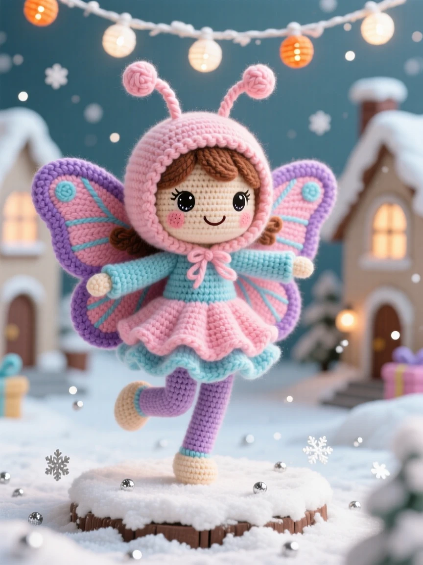 a little girl in a costume parade, wearing a butterfly costume, twirling happily down a decorated street, set in a snow-covered village square strung with lights, with a cluster of paper lanterns swaying gently, full of cozy holiday warmth and togetherness.