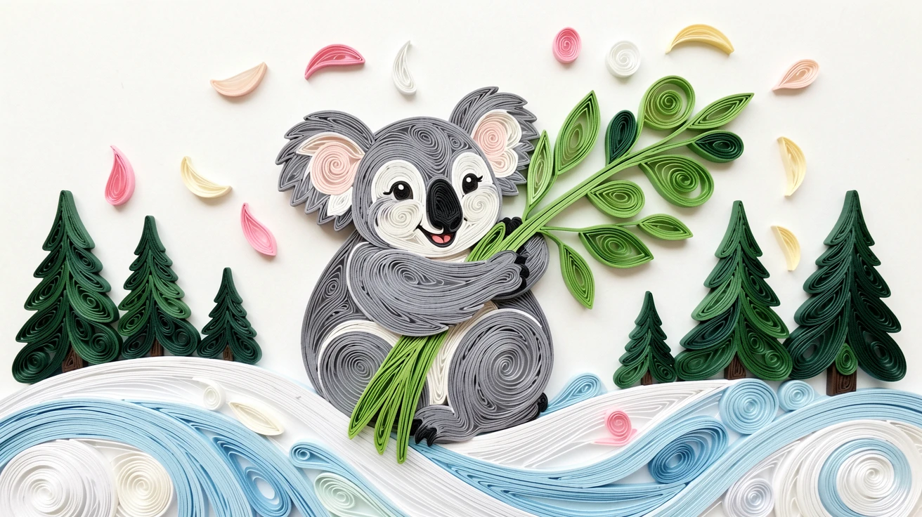 A heartwarming scene of a plump koala hugging a eucalyptus branch on a snowy hillside dotted with pine trees, captured mid-motion with a joyful, candid feel, surrounded by drifting flower petals.