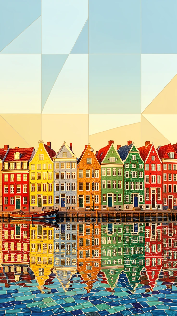 A breathtaking wide-angle view of a row of colorful houses along the harbor of Copenhagen, with rich warm lighting and fine architectural detail.