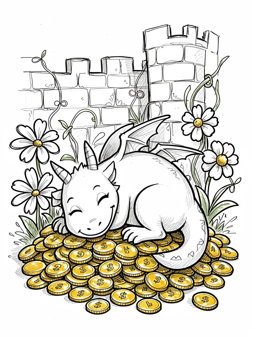 A gentle dragon napping on a pile of gold coins in a garden behind castle walls.